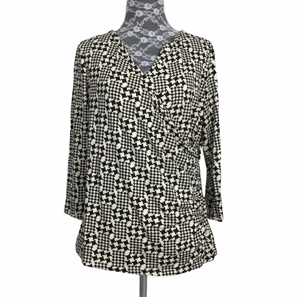 Talbots Black & White Printed Faux Wrap Blouse - Picture 1 of 9